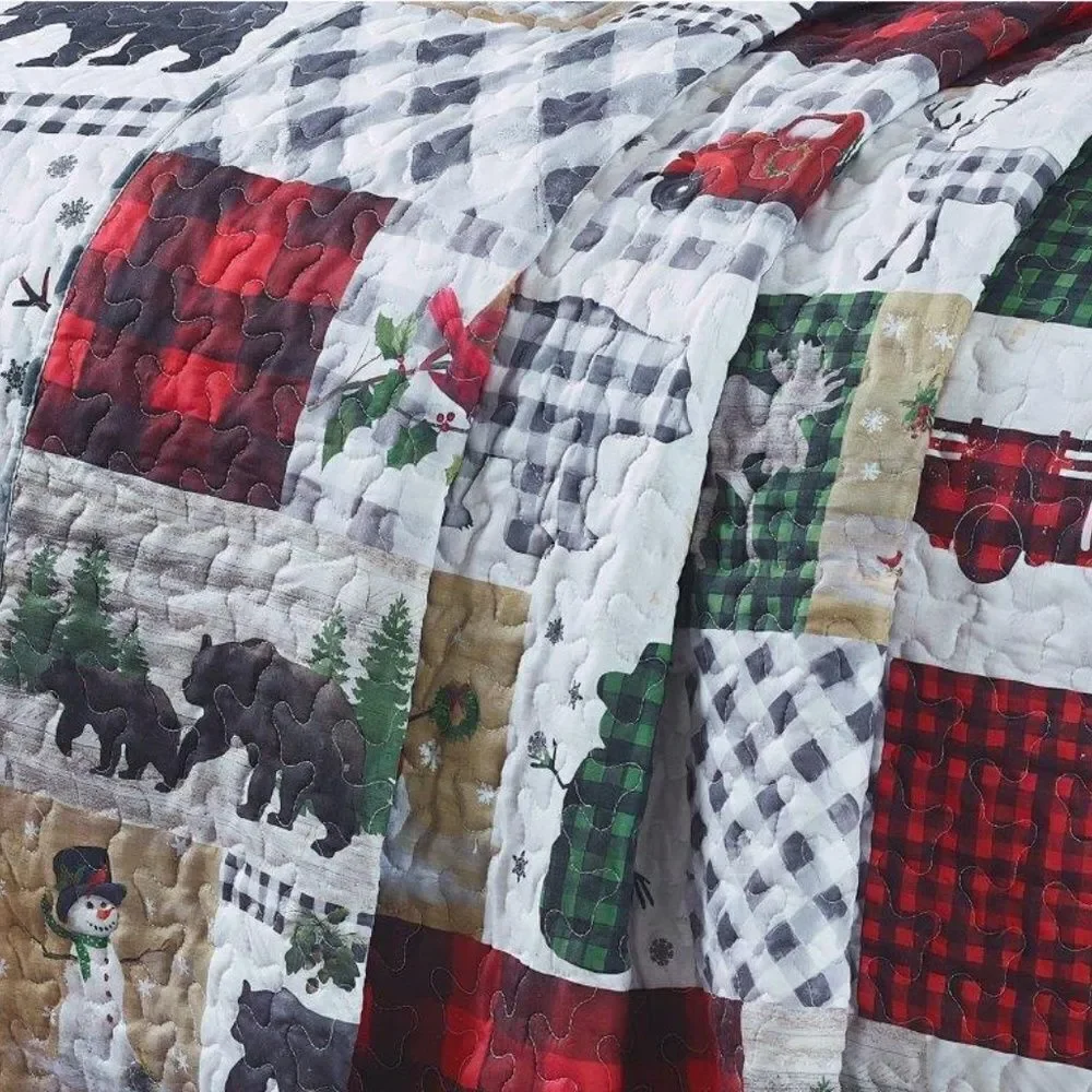 Merry Christmas Winter Lodge Printed QUEEN Quilt Set Holidays Red Truck